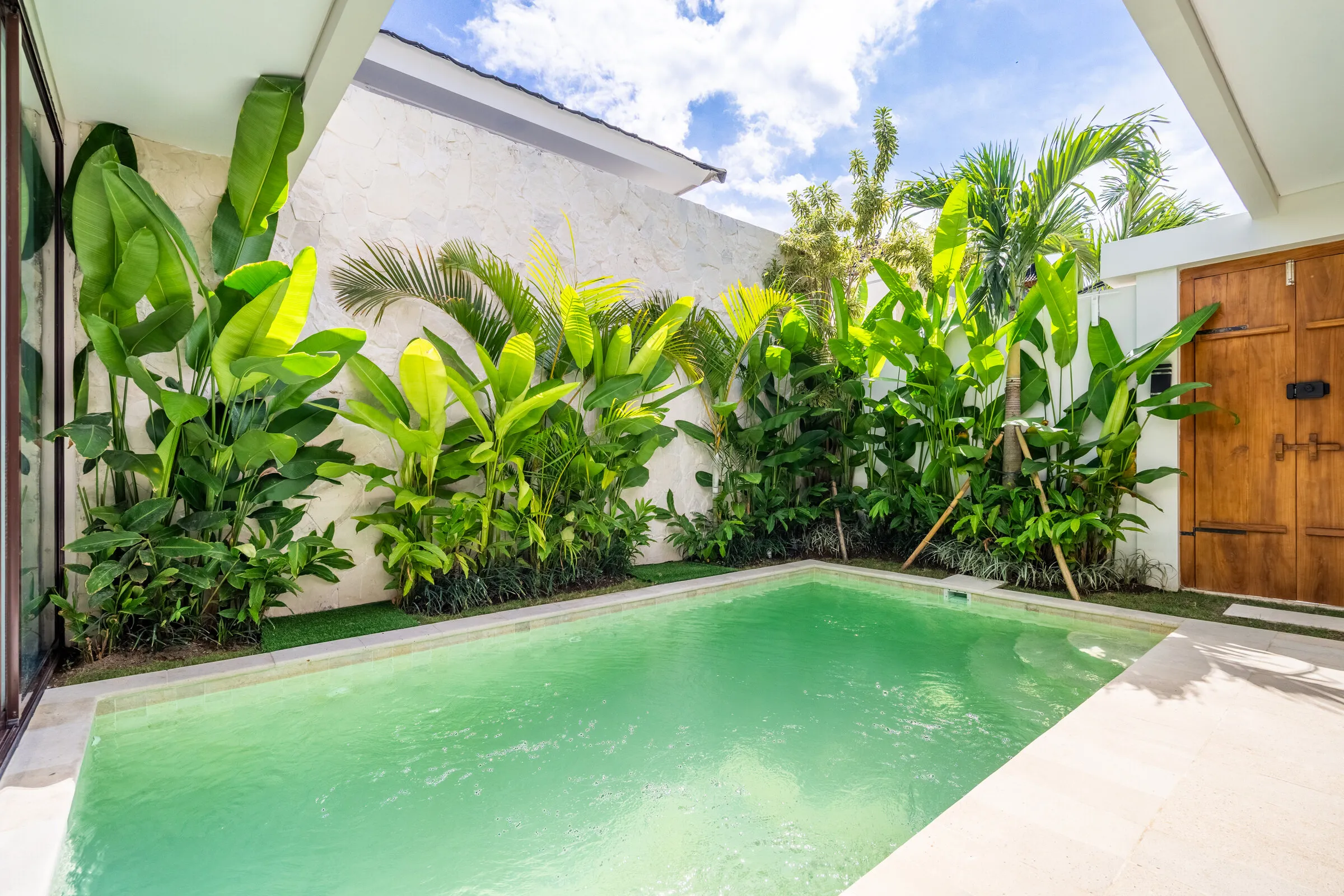 Pool edged with tropical planting under a clear sky